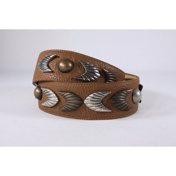 Vintage 29.5" handmade French leather belt with solid metal accents, brown South - Picture 2 of 8